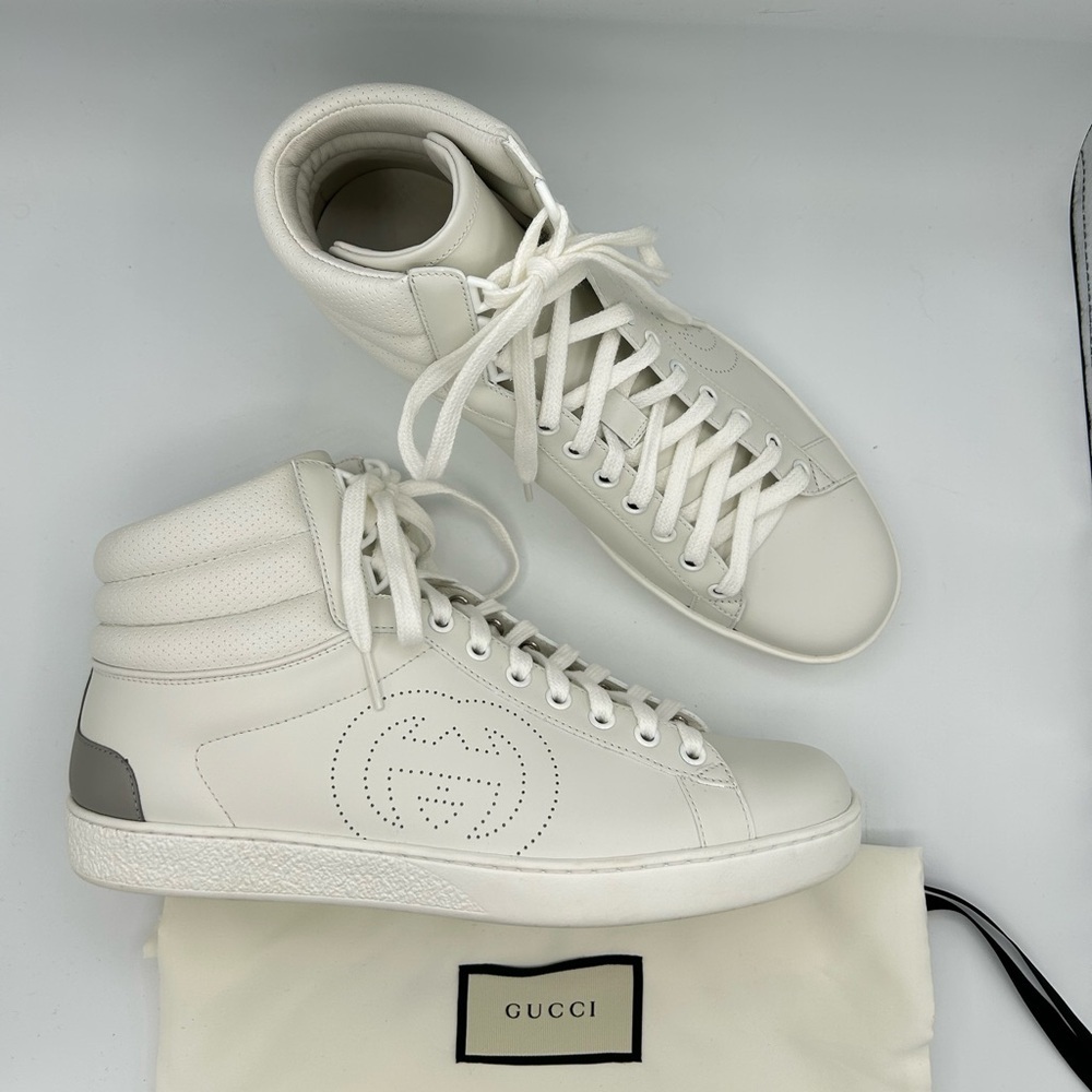 Gucci Men's 7.5 Ace Leather White High-Top Sneakers Perforated Logo Shoes Luxury